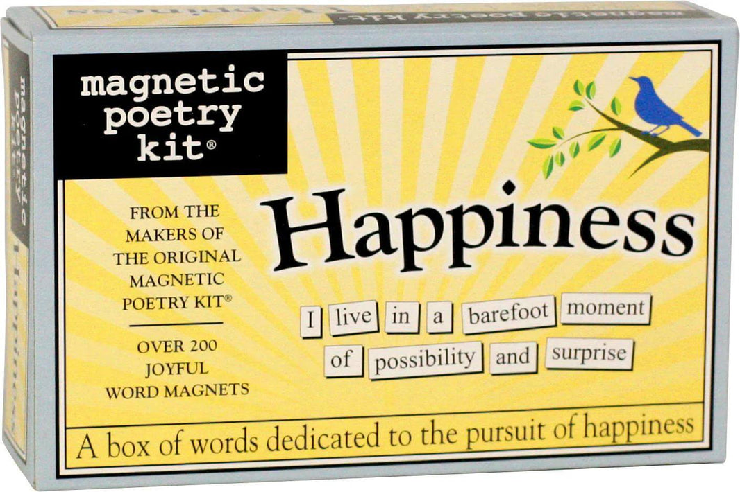 Magnetic Poetry Kit box featuring happiness theme with words for creative expression on a joyful yellow background.