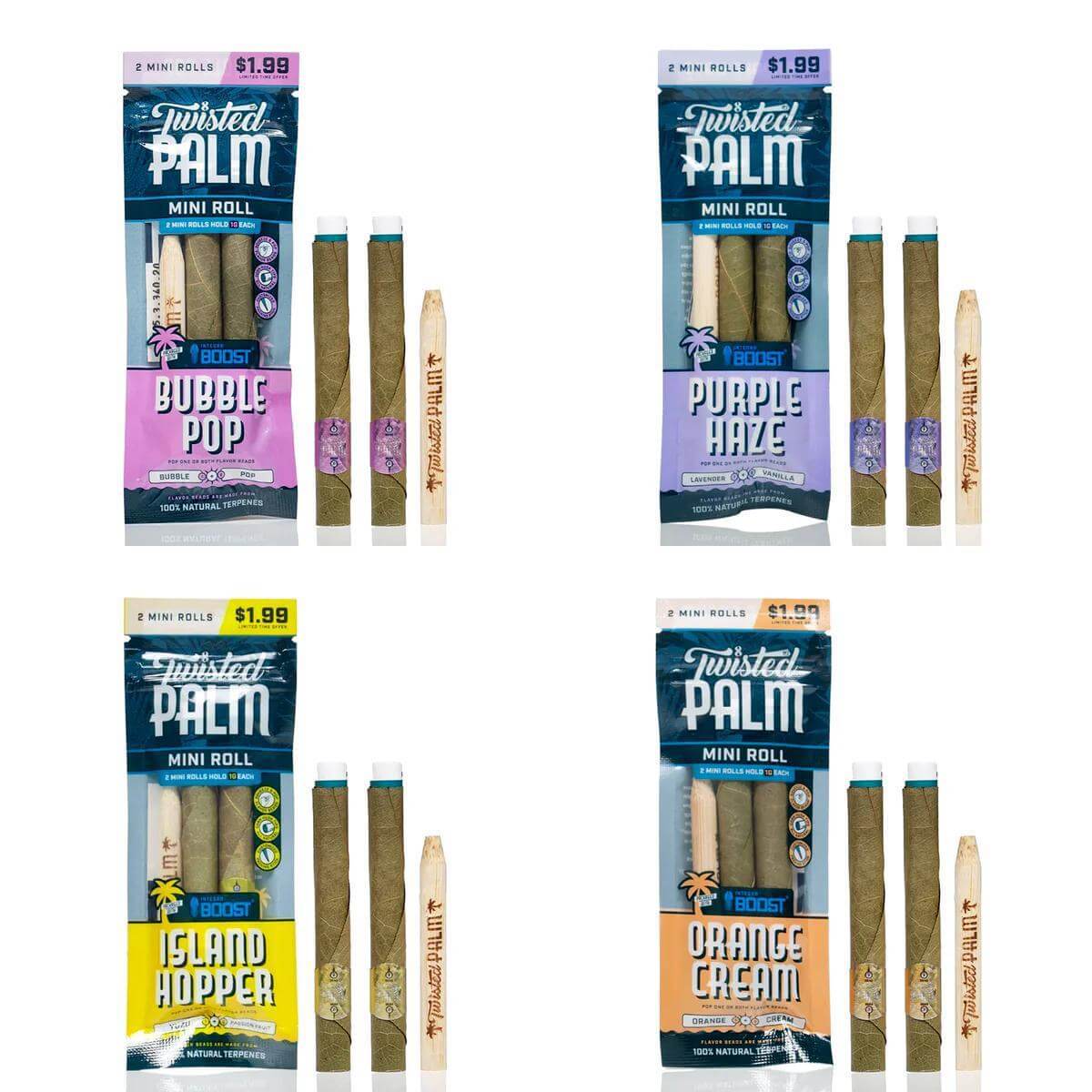 Twisted Palm Mini Rolls 2pc featuring Bubble Pop, Purple Haze, Island Hopper, and Orange Cream flavors.