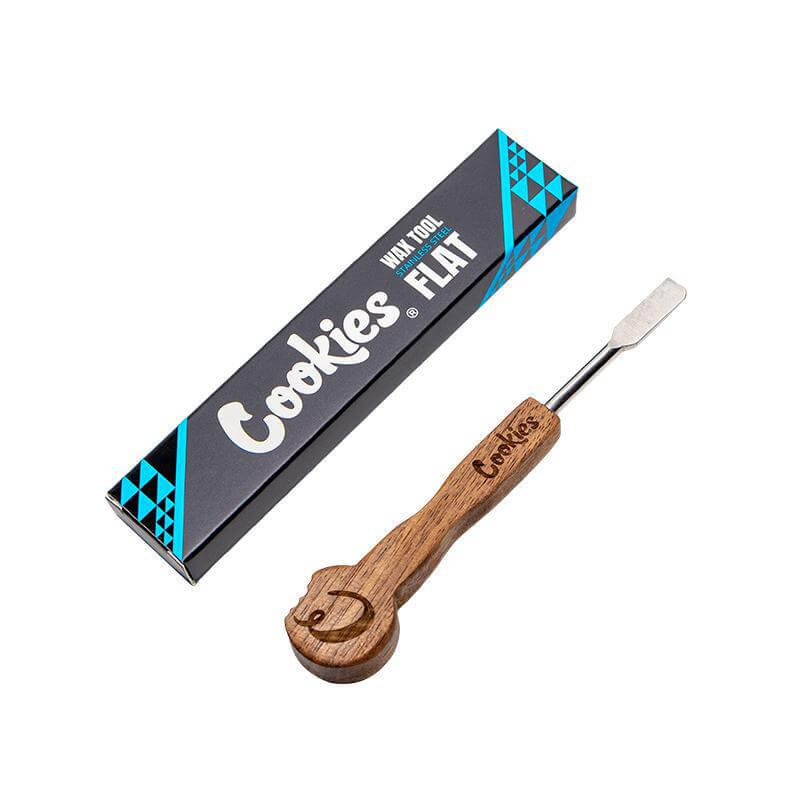 Cookies Wax Dab Tool with wooden handle and flat stainless steel tip in stylish packaging.