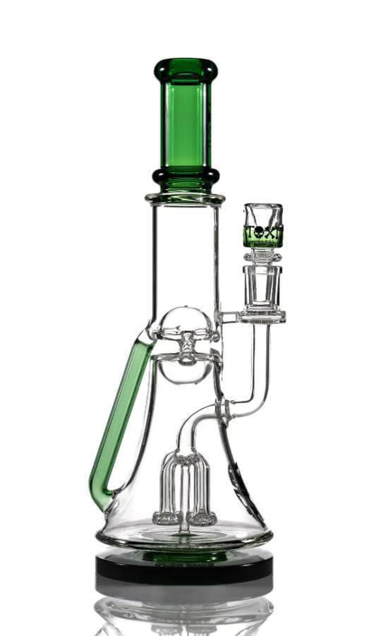 Toxic Glass 14" Squid Perc Fabb Recycler Beaker featuring green accents and unique filtration design.