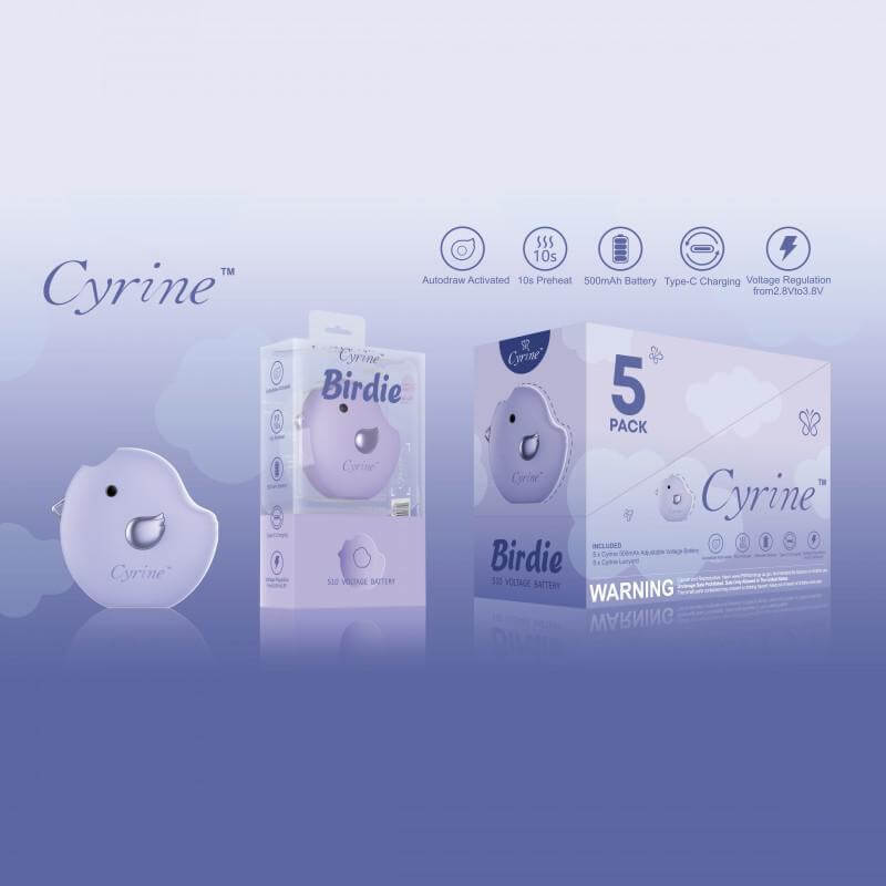 Cyrine Birdie 510 Battery packaging and battery design, showcasing its auto-activation and features for vaping.