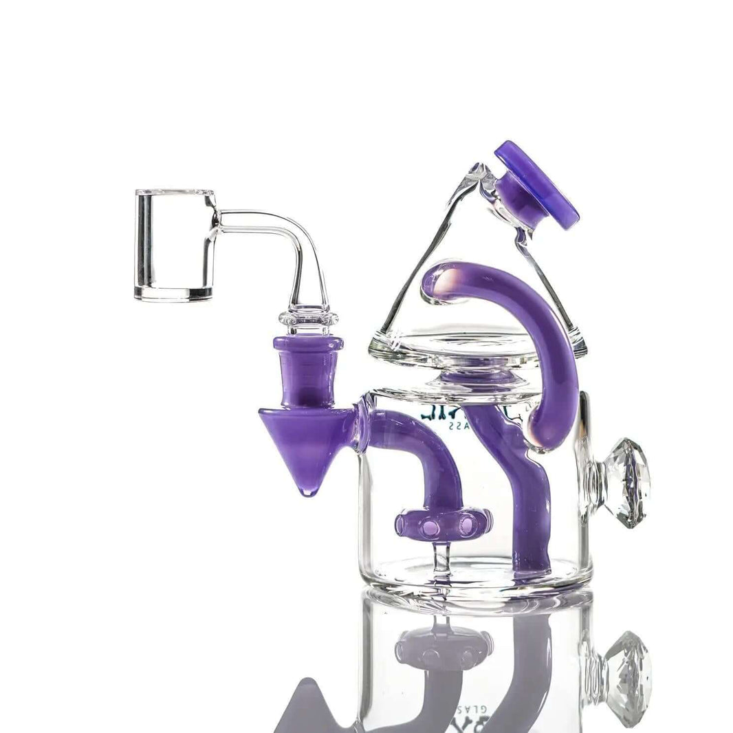 Toxic Glass 6" cone recycler diamond rig with purple accents, designed for smooth filtration and enhanced flavor.