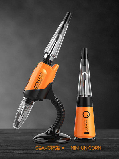 Lookah Seahorse X and Mini Unicorn electric dab rigs in orange, showcasing sleek design and functionality.