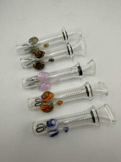 Handcrafted home blown glass color accented sliders in various designs, featuring vibrant accents and durable borosilicate glass.