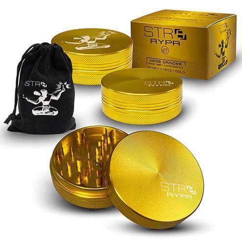 STR8 Rypr 63mm 2PC herb grinder in gold, featuring a sleek design and portable pouch for efficient grinding.