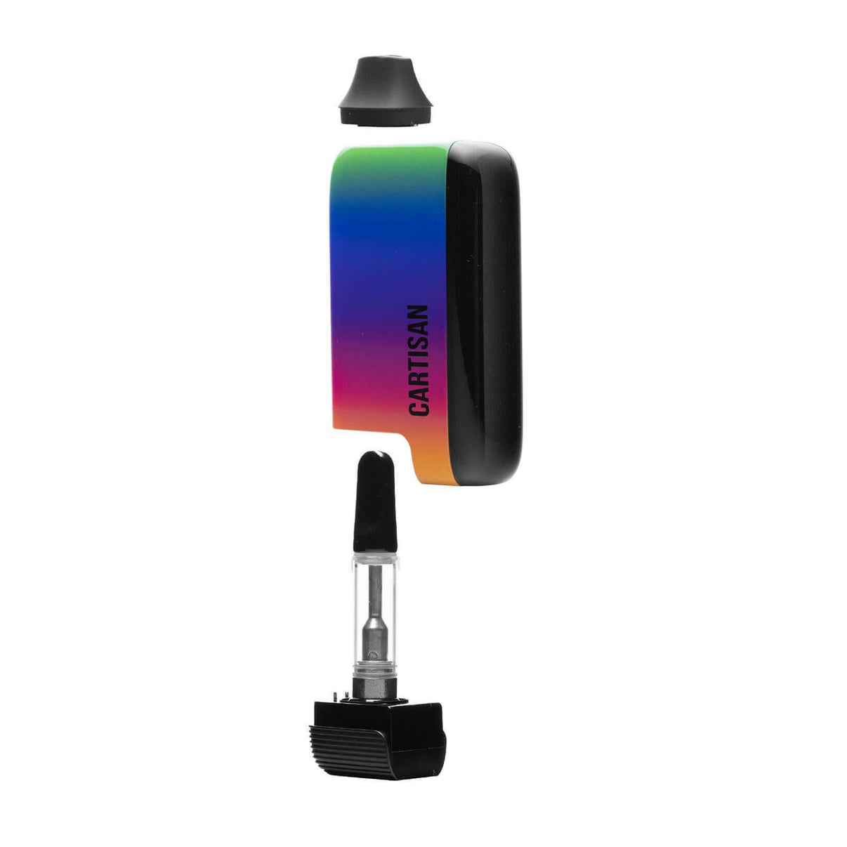 Veil Bar Pro EVO vaporizer in rainbow gradient with oil cartridge attached, designed for 510 tanks.