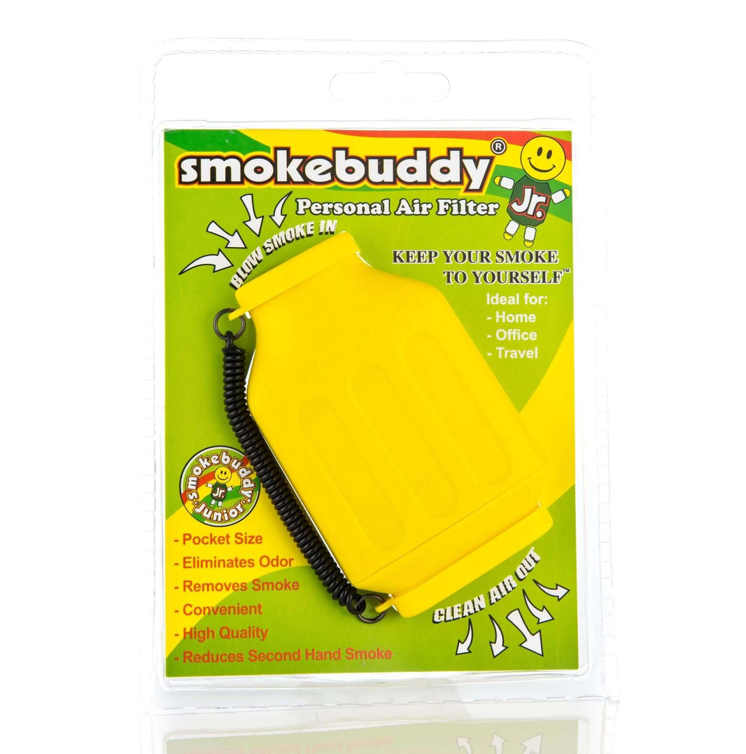 Smokebuddy Junior Personal Air Filter in yellow packaging, ideal for discreet smoke filtration at home, office, or travel.