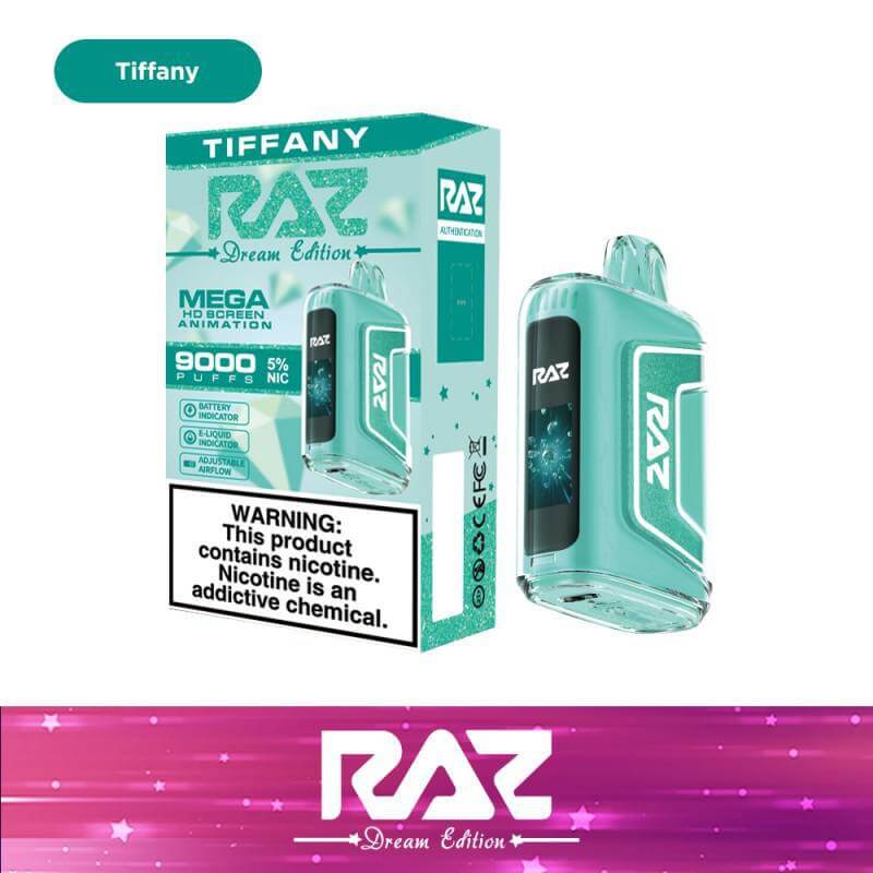 Raz TN9000 Disposable Nicotine Vape in Tiffany color, 9000 puffs, 5% nic strength, featuring sleek design.