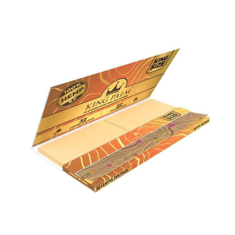 King Palm King Size flavored hemp rolling papers pack open, showcasing 100% hemp material and vibrant design.