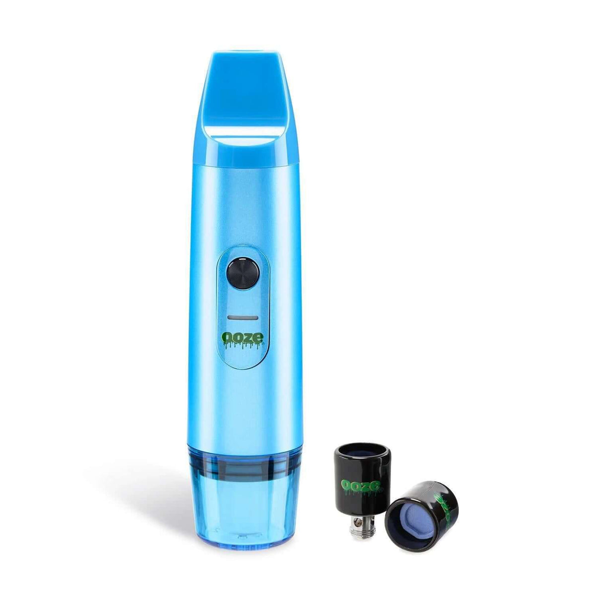 Ooze Booster Extract Vaporizer in Arctic Blue with Onyx Atomizer and ceramic core attachments.