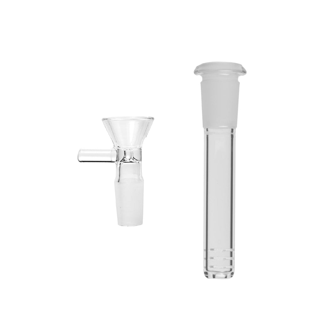 Human Grade Iridescent Zing 14mm female joint and downstem for water pipe.