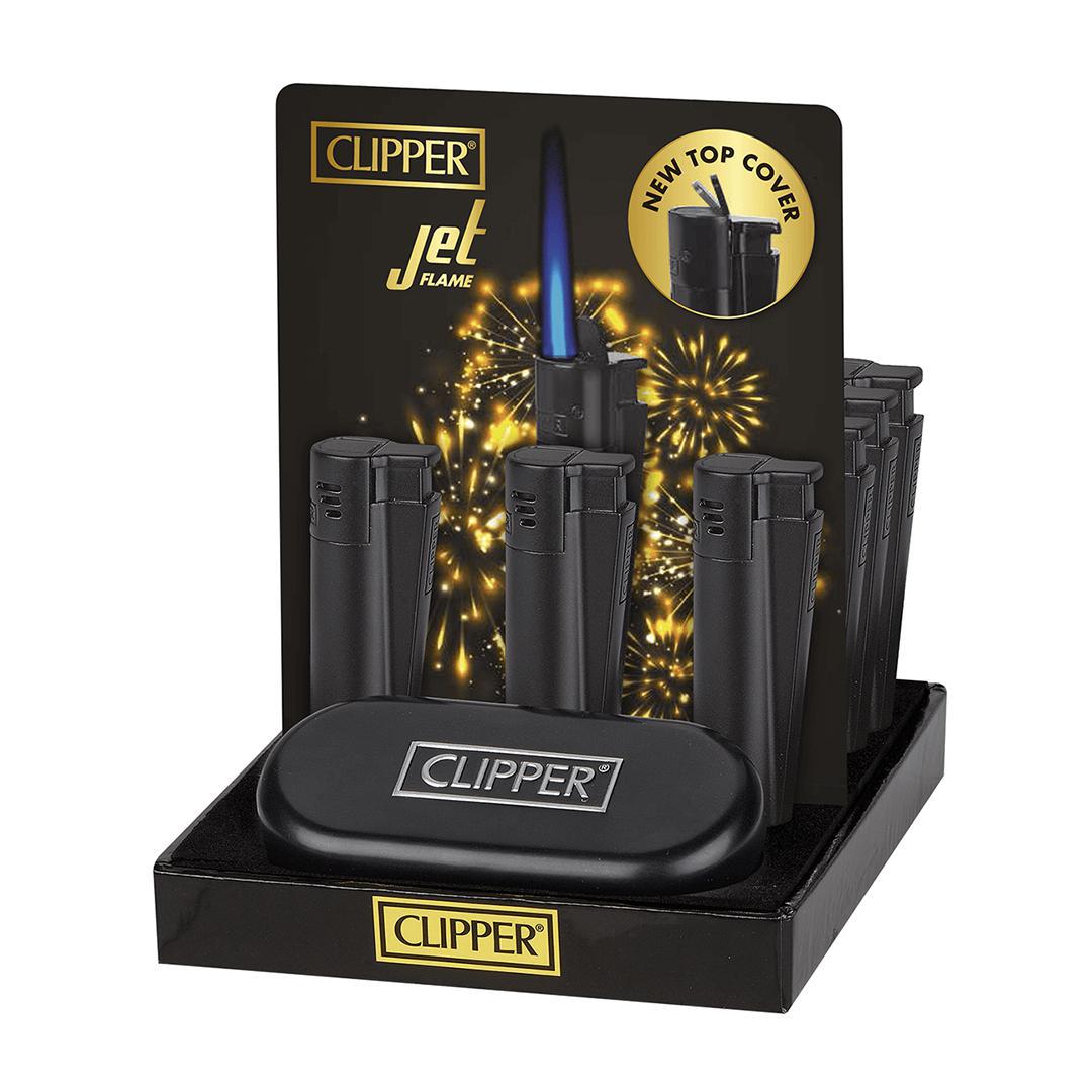 Clipper Metal Jet Flame lighter- Black display with new top cover and jet flame features.