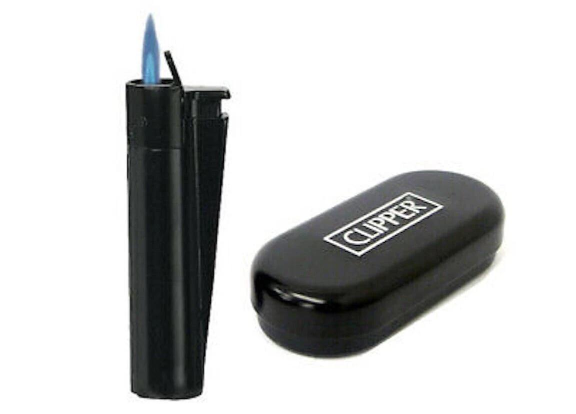 Clipper Metal Jet Flame lighter- Black with blue flame and Clipper case.