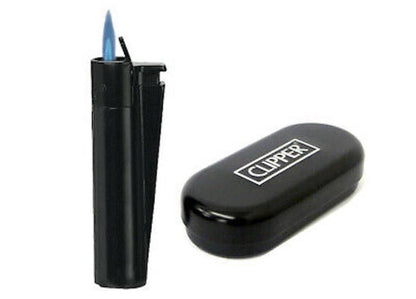 Clipper Metal Jet Flame lighter- Black with blue flame and Clipper case.