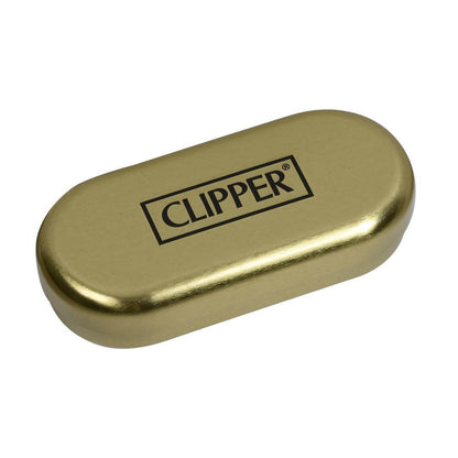 Clipper Metal Lighter Gold Matte in a sleek gold casing with iconic logo.