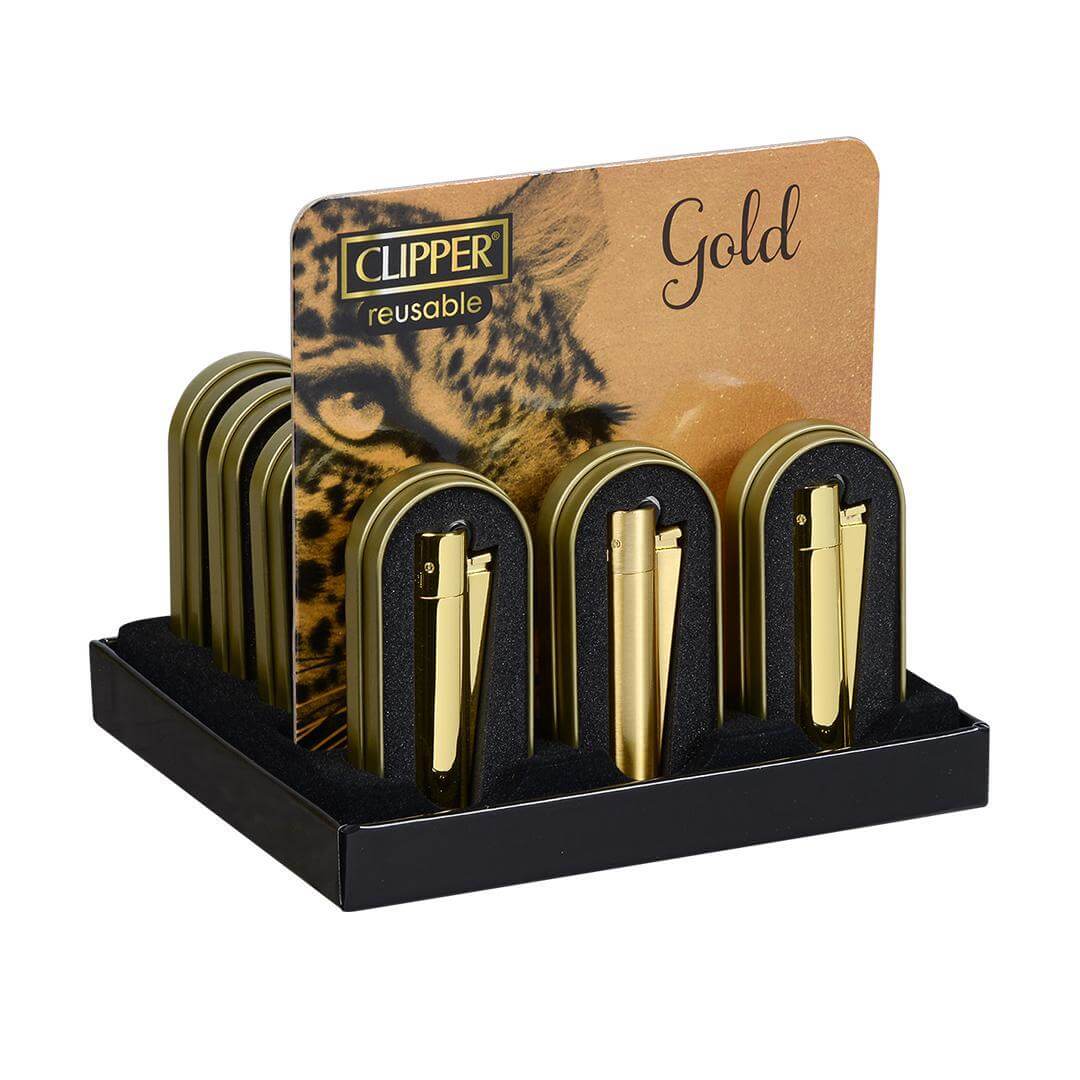 Clipper Metal Lighter Gold Matte display with multiple gold matte lighters in sleek packaging.