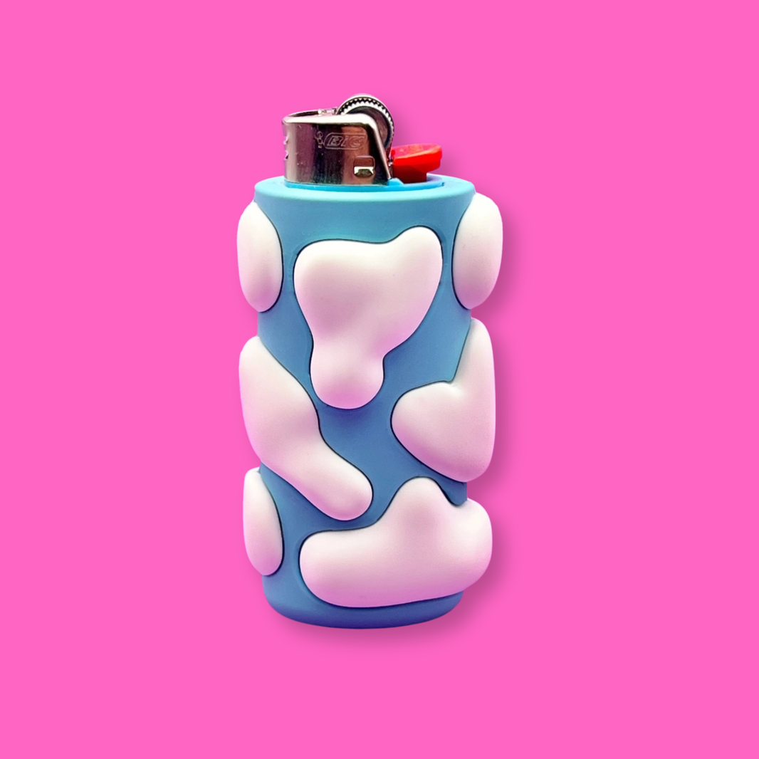 Coming Soon: Cloud Lighter Case – Dreamy Blue Silicone BIC Lighter Holder featuring a blue and pink cloud design.