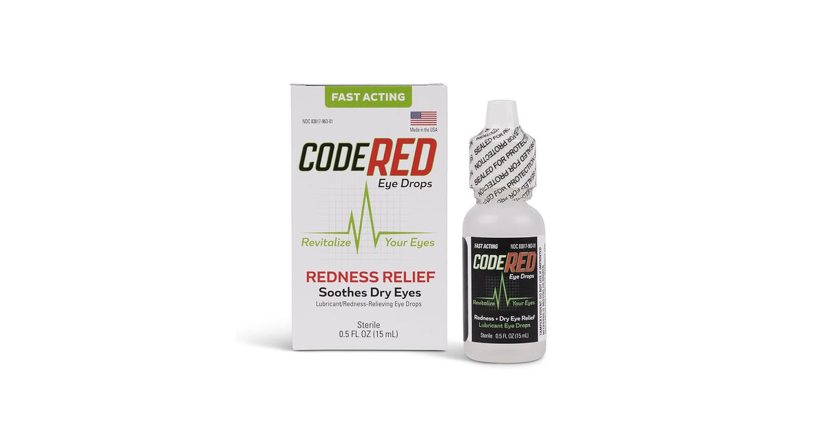 Code Red Eye Drops packaging with bottle, offering fast-acting redness and dry eye relief for cannabis users.