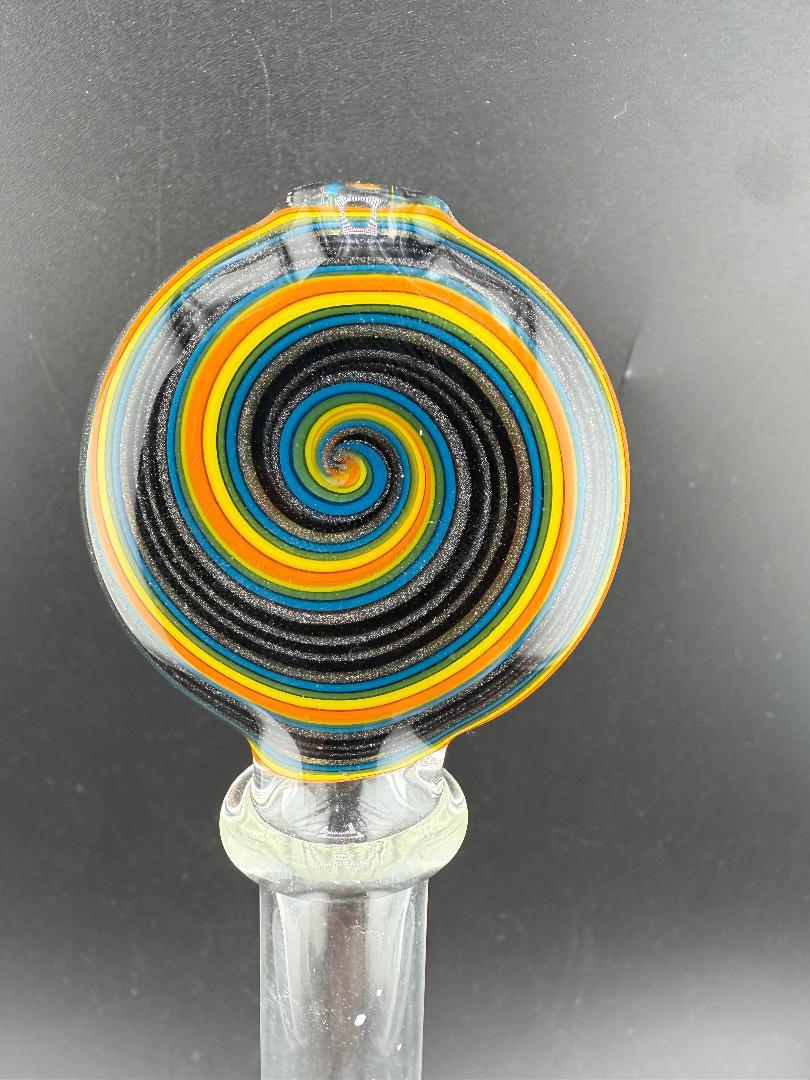 Filla John Glass Flower Bubbler - Line Worked Mouth Piece w/ Sculpted Grateful Dead Bear Pendant, vibrant spiral design.