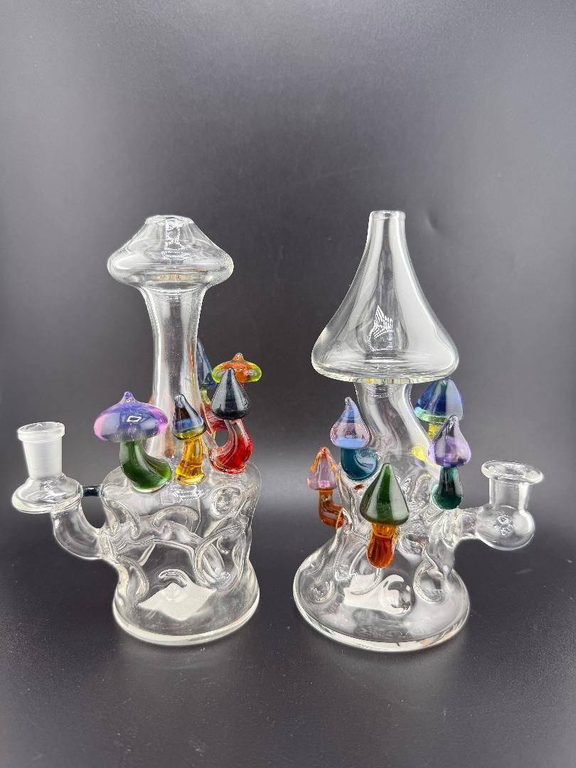 Brando Glass Swiss Cheese (Moon Crater) Rig – 10mm 90° artistic glass piece with colorful mushroom details