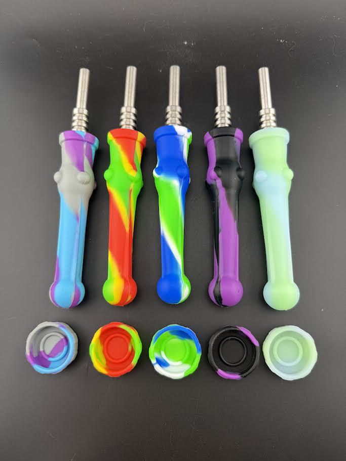 Colorful Silicone Nectar Collector set with multi-colored tips and detachable caps for portable dabbing.