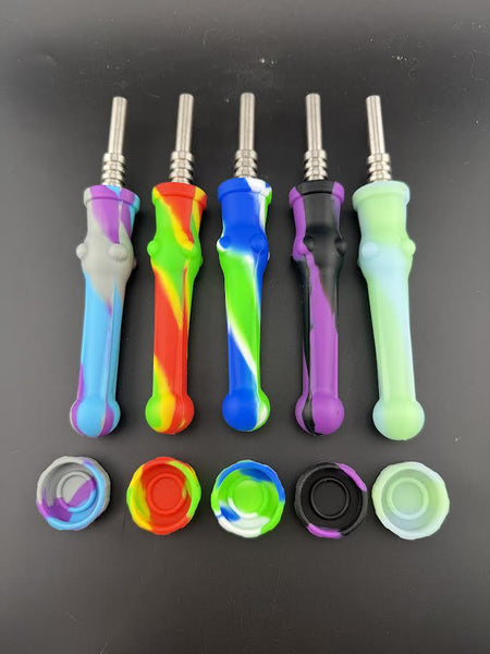 Colorful Silicone Nectar Collector set with multi-colored tips and detachable caps for portable dabbing.
