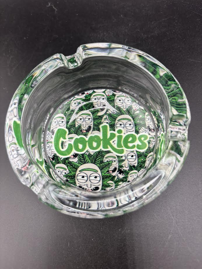 Cookies Glass Ashtray featuring unique designs and bold Cookies logo, perfect for smoking sessions.