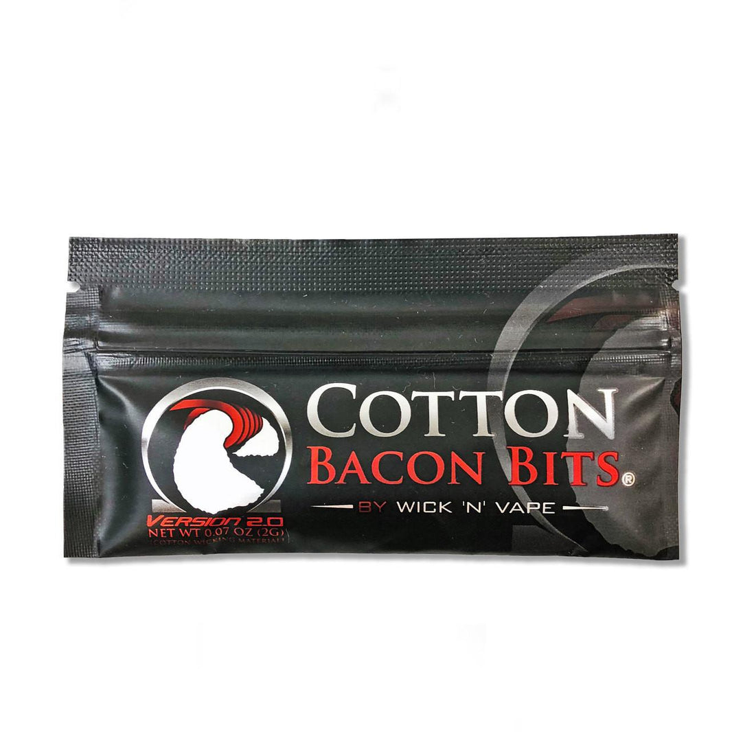 Cotton Bacon Bits package showing pre-cut organic cotton for vaping, ideal for rebuildable atomizers.