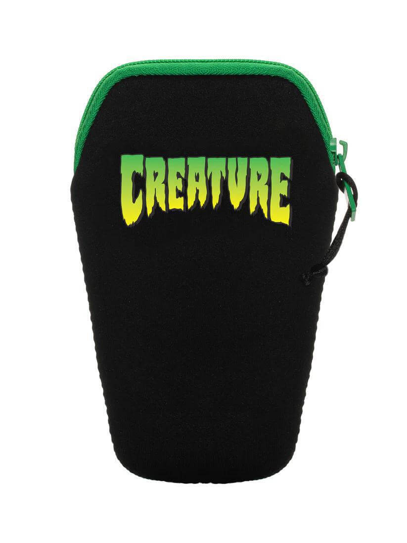 Creature Skateboarding black storage case with green zipper and logo for pipes or accessories.