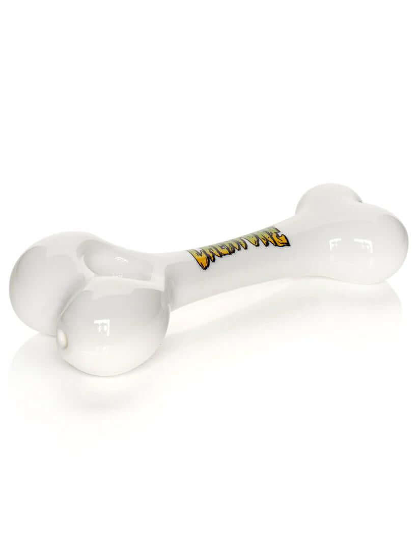 Creature x Gear Premium 5" Bone Pipe in white glass with bold graphic design, perfect for skate and horror culture enthusiasts.