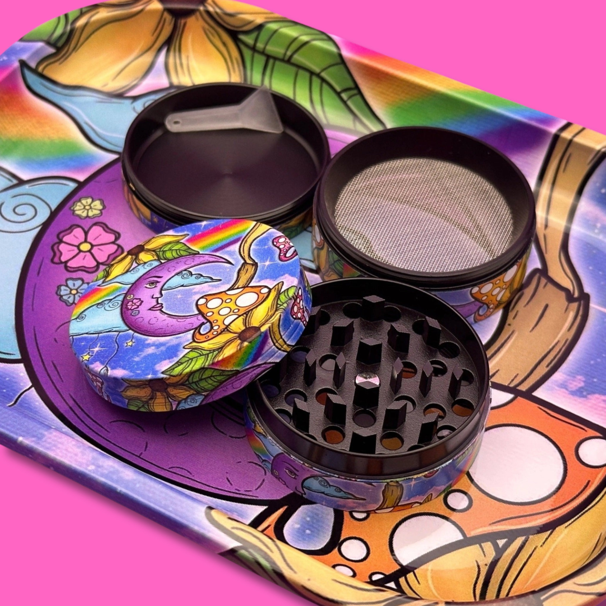 Coming Soon: Crescent Moon 2-Piece Herb Set – Rolling Tray & Grinder with vibrant colors and psychedelic design.