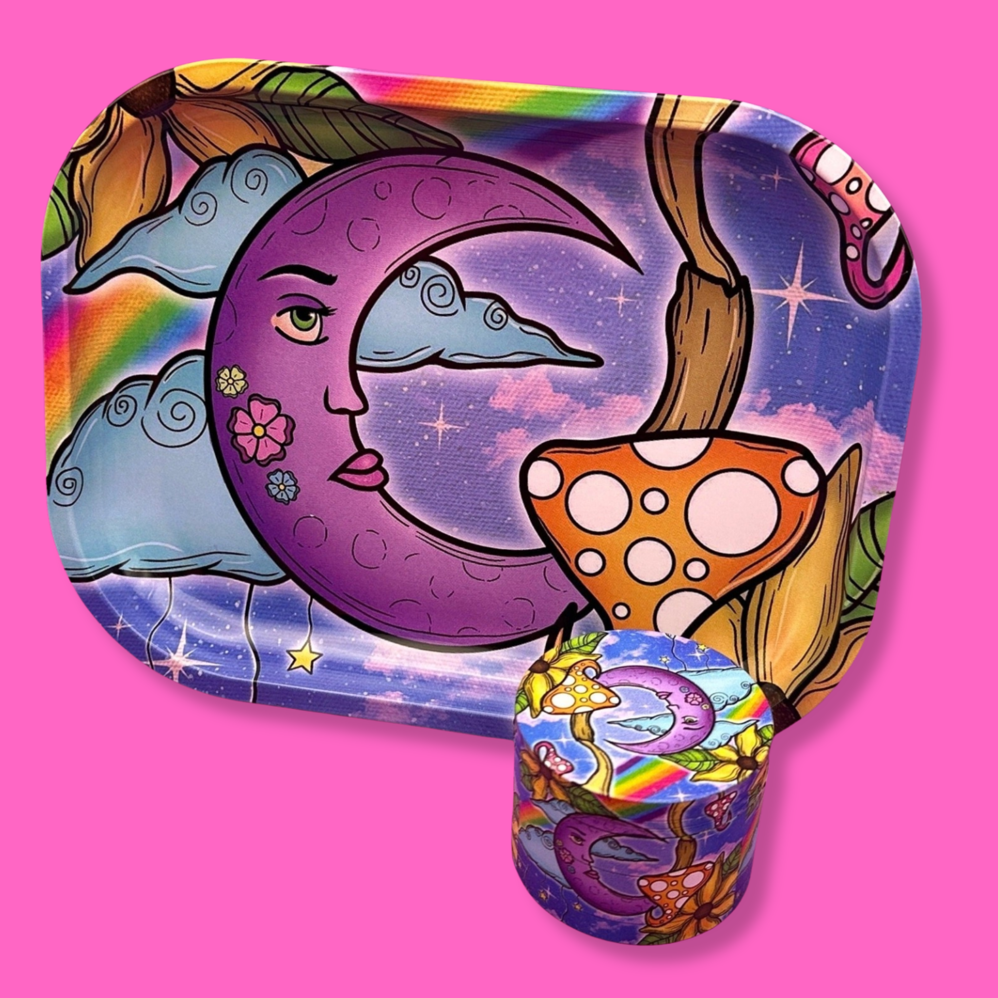 Coming Soon: Crescent Moon 2-Piece Herb Set – Rolling Tray & Grinder featuring vibrant moon design and colorful mushrooms.
