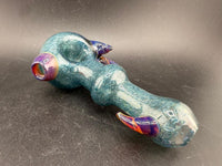 Crondo Glass Hand Pipe - Blue w/ Amber Purple Horns featuring vibrant colors and sculptural details.