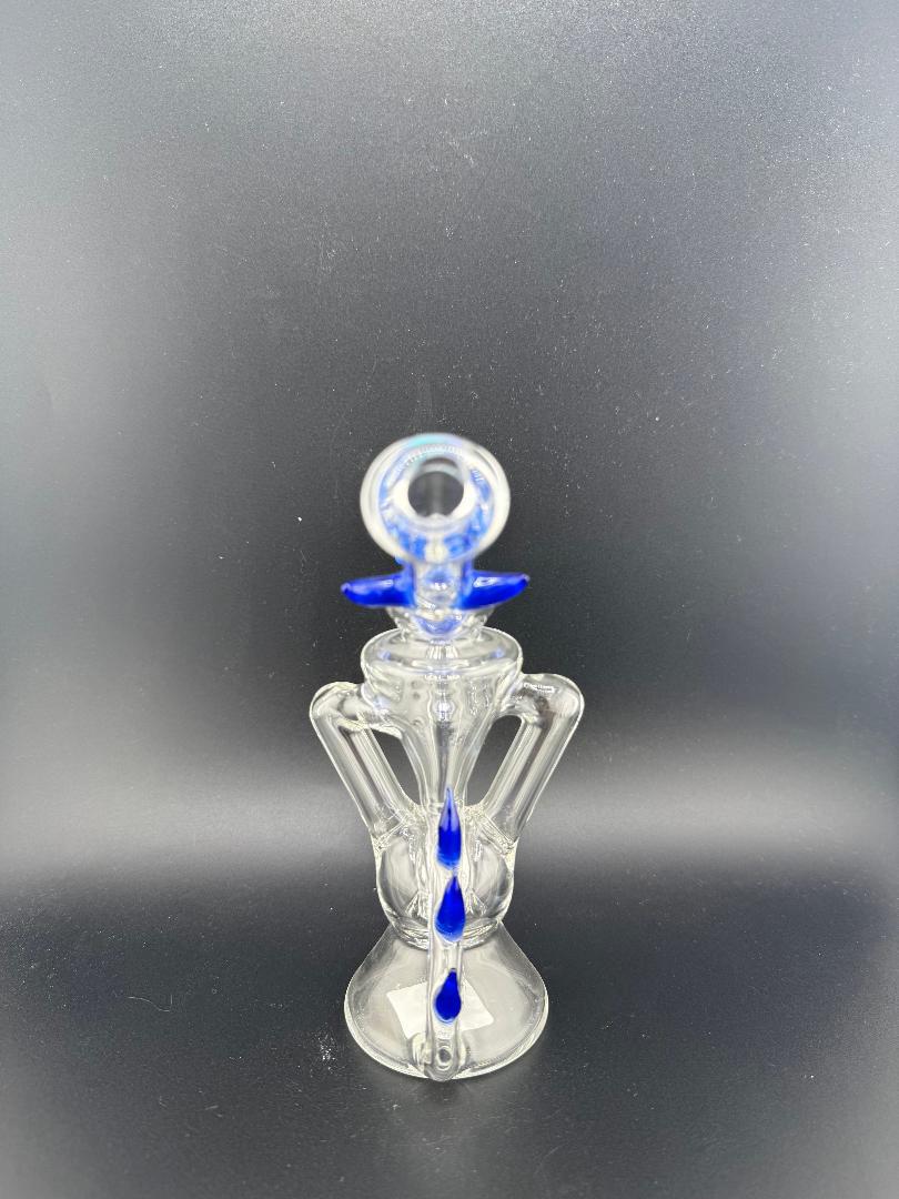 Crondo Clear Double Uptake Recycler with blue accents, 10mm 90°, handcrafted heady glass piece from Clarkston, WA.