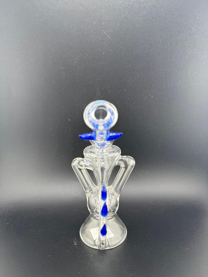 Crondo Clear Double Uptake Recycler with blue accents, 10mm 90°, handcrafted heady glass piece from Clarkston, WA.