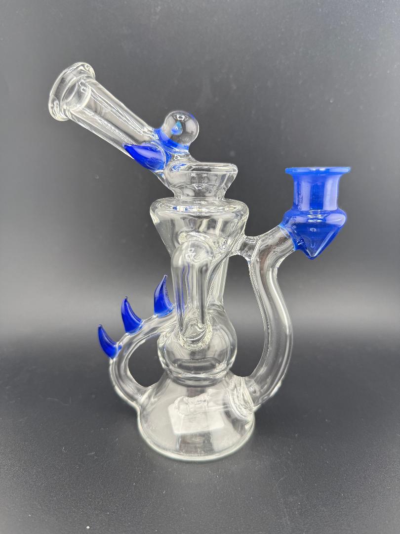 Crondo Clear Double Uptake Recycler with blue accents, handcrafted heady glass, 10mm 90° for smooth smoking experience.