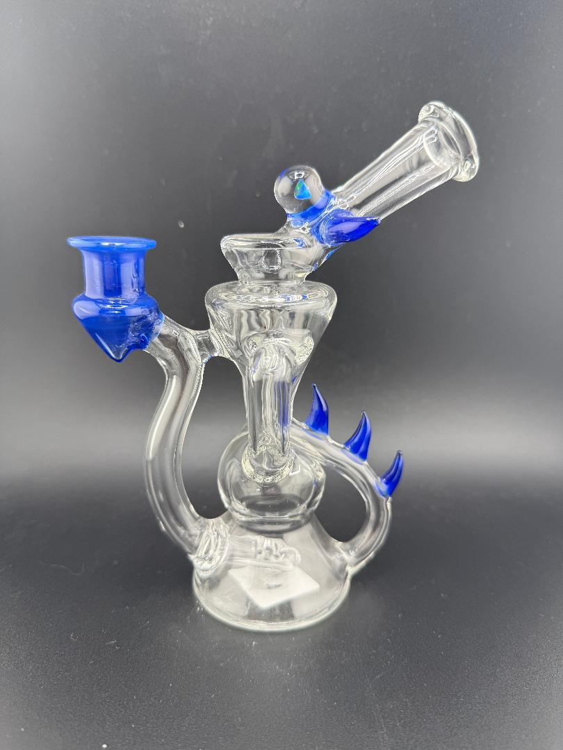 Crondo Clear Double Uptake Recycler with blue accents, 10mm 90°, handcrafted glass for smooth smoking.