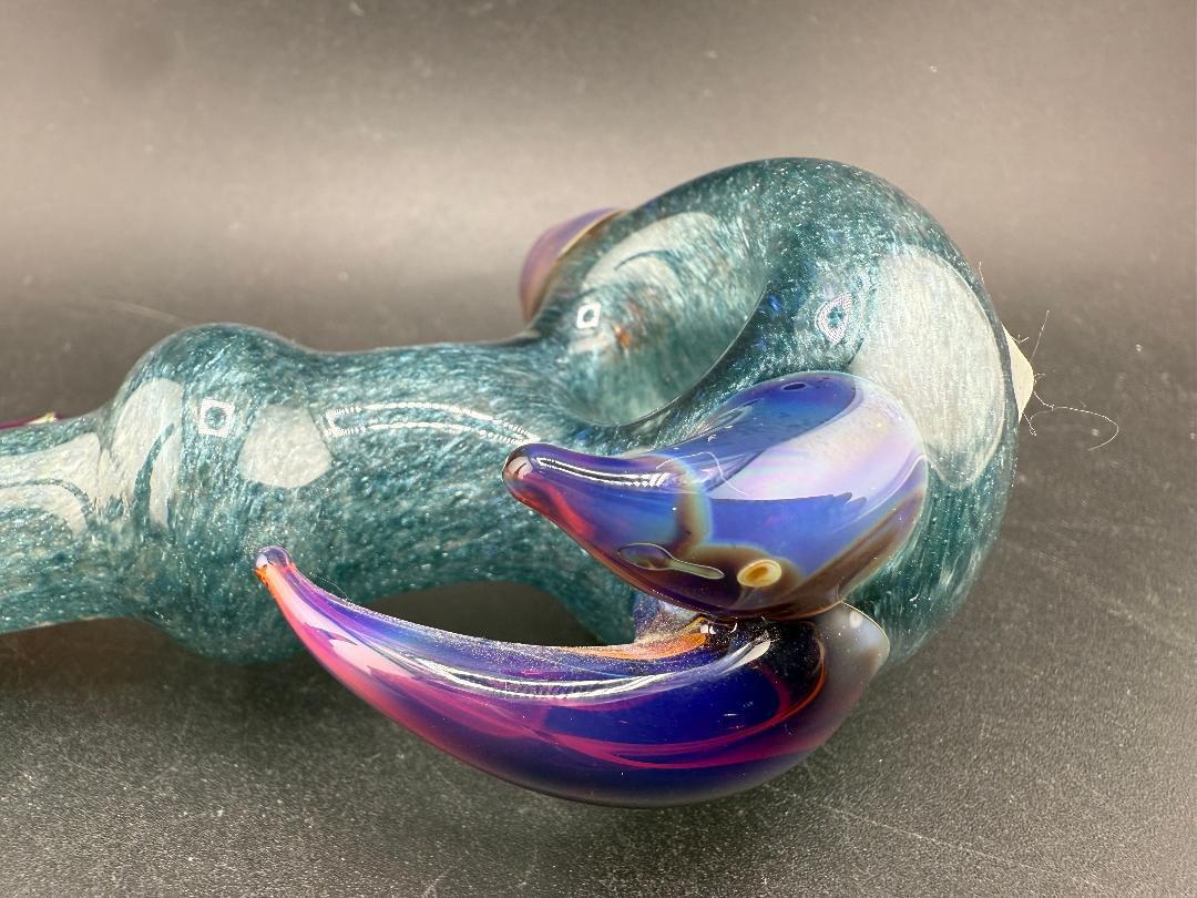 Crondo Glass Hand Pipe - Blue w/ Amber Purple Horns showcasing vibrant colorwork and sculptural detail.