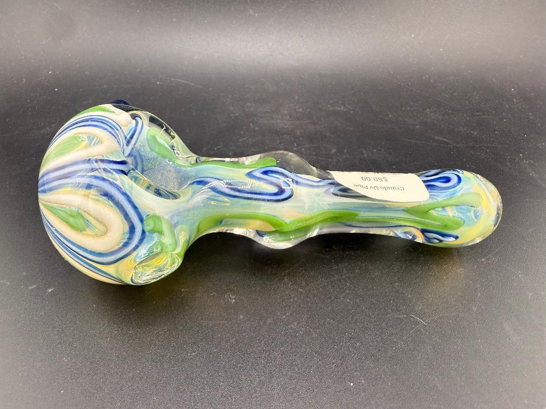 Crondo Glass Hand Pipe - Glow Powder Worked with vibrant blue and green swirls, crafted for smooth airflow and UV glow.