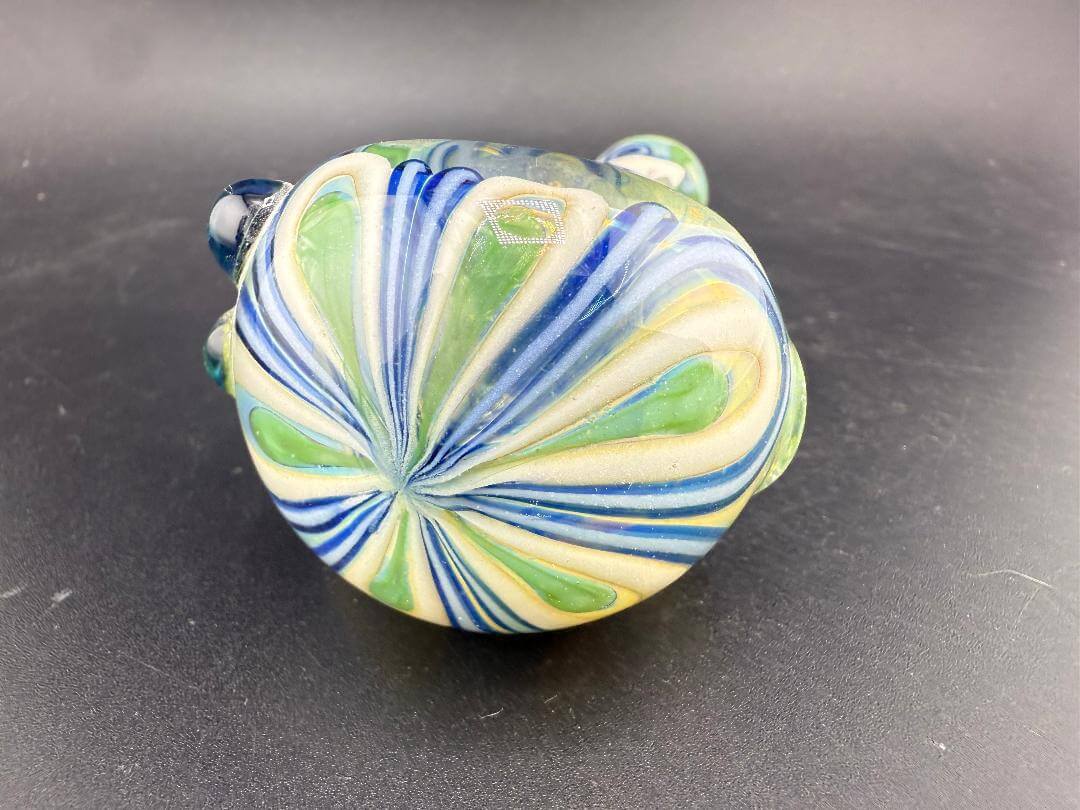 Crondo Glass Hand Pipe - Glow Powder Worked with vibrant green and blue design, showcasing unique craftsmanship.