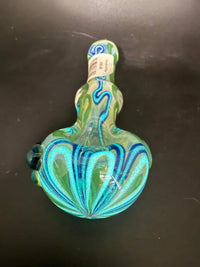 Crondo Glass Hand Pipe - Glow Powder Worked featuring vibrant blue and green designs.