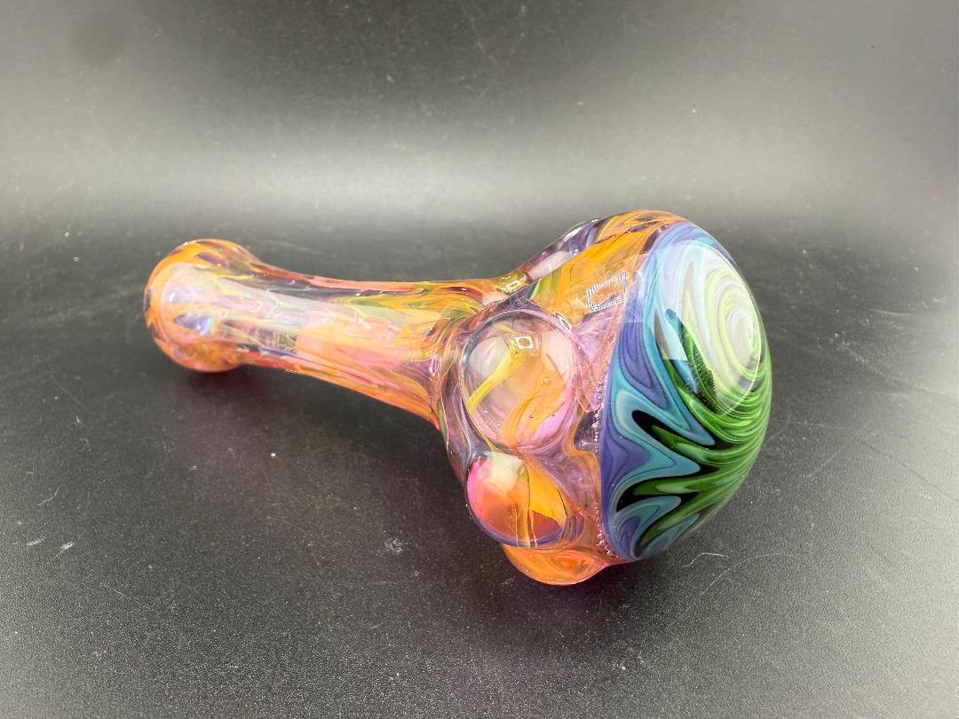 Crondo Glass Hand Pipe -Heavy Fumed w/ Green & Blue Wig Wag Cap showcasing vibrant colors and unique design.