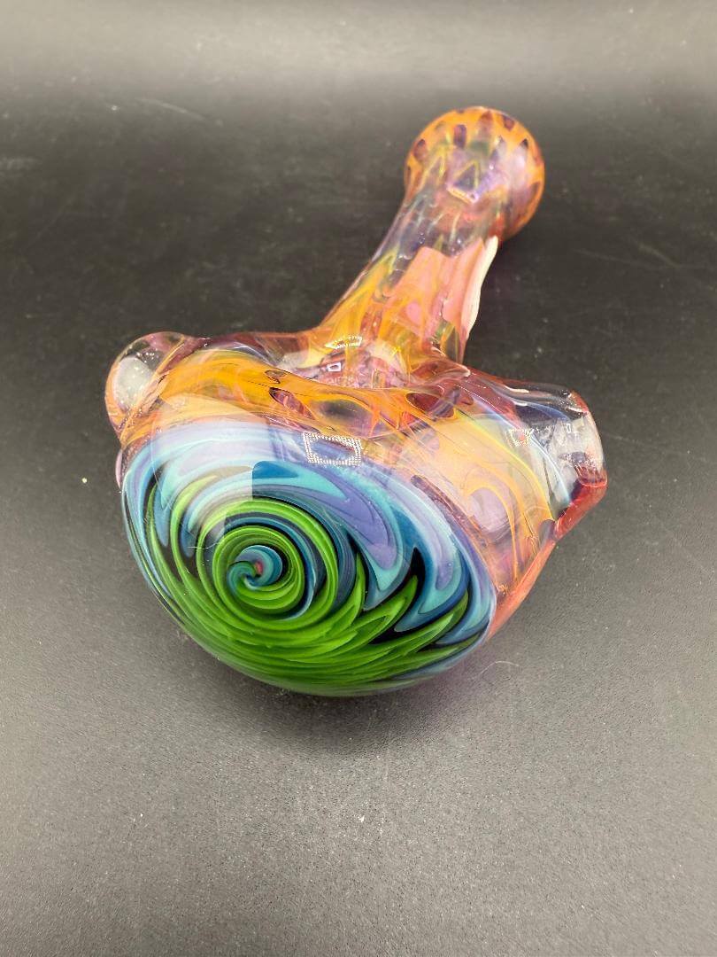 Crondo Glass Hand Pipe -Heavy Fumed w/ Green & Blue Wig Wag Cap, showcasing vibrant colors and unique design.