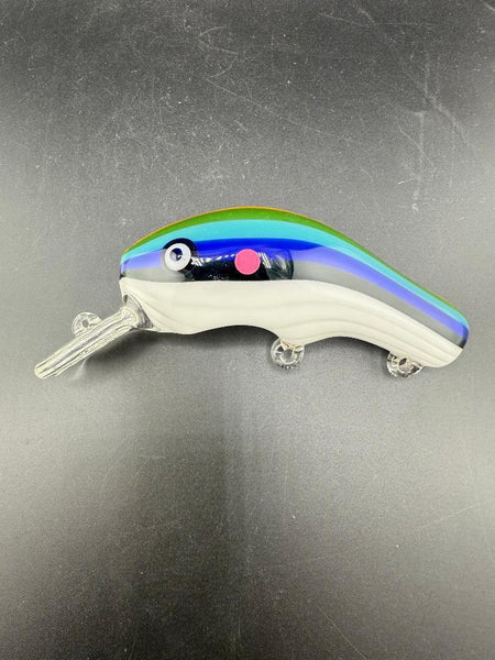 Crondo Glass Hand Pipe - Lined Tubing Fish Lure featuring vibrant rainbow line work and detailed design.