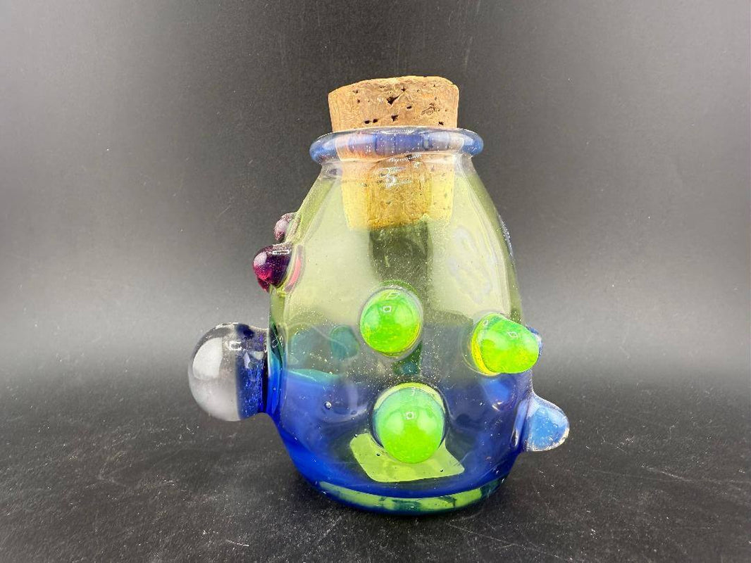 Crondo Glass Nug Cork Jar - 420 Blue & Green with colorful accents and cork lid, perfect for storage.