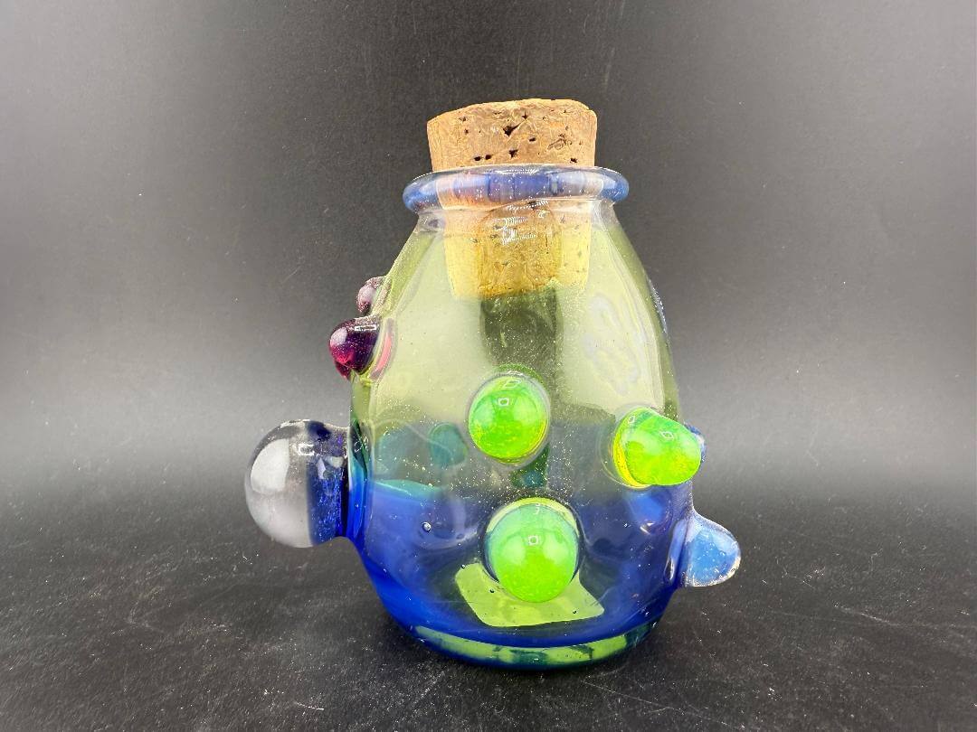 Crondo Glass Nug Cork Jar - 420 Blue & Green with colorful accents and cork lid, perfect for storage.