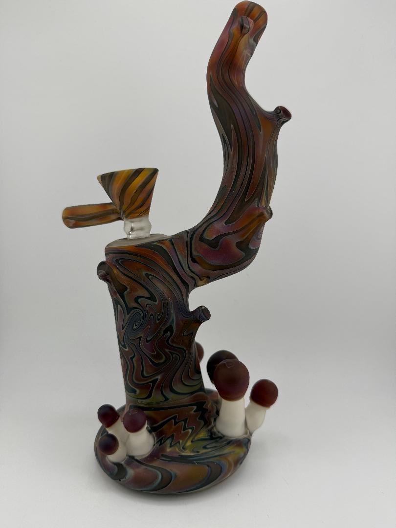 Crondo Glass Sandblasted Tree Stump Bubblers with mushroom growth, 14mm 90° joint, forest-inspired design.