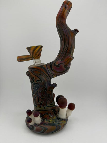 Crondo Glass Sandblasted Tree Stump Bubblers with mushroom growth, 14mm 90° joint, forest-inspired design.