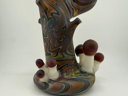 Crondo Glass Sandblasted Tree Stump Bubbler with mushroom design, handcrafted with intricate detailing.