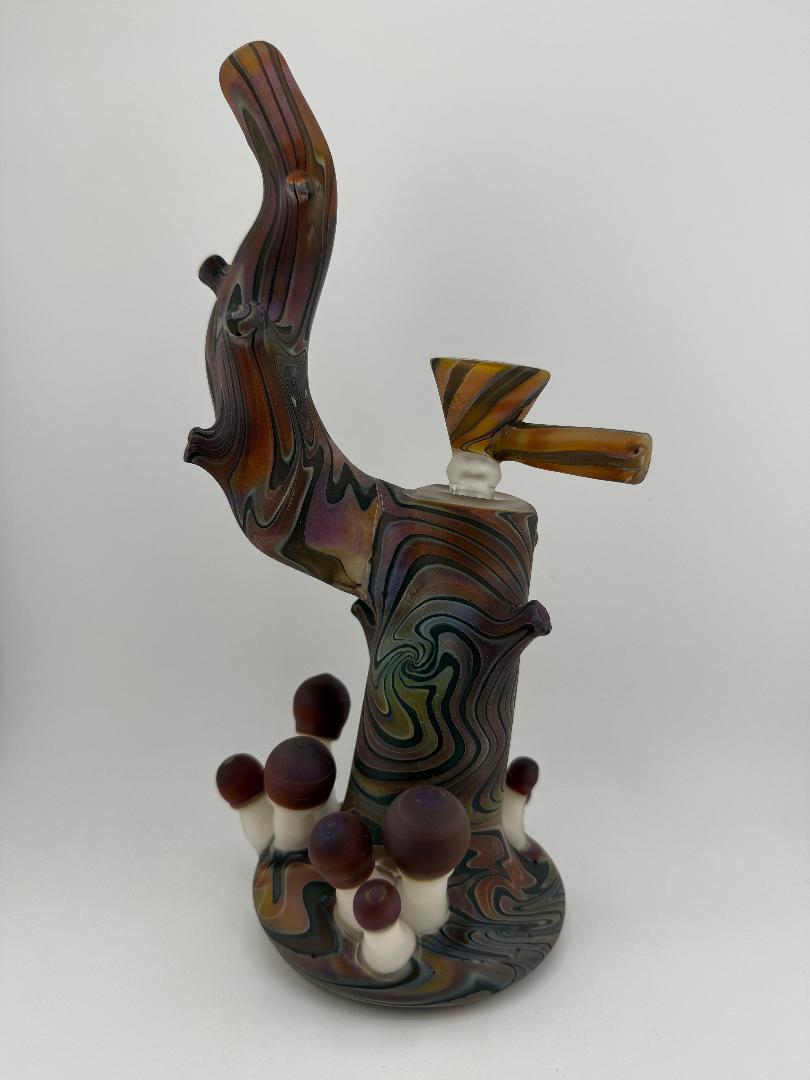 Crondo glass sandblasted tree stump bubbler with mushroom design, 14mm joint, unique handcrafted piece.